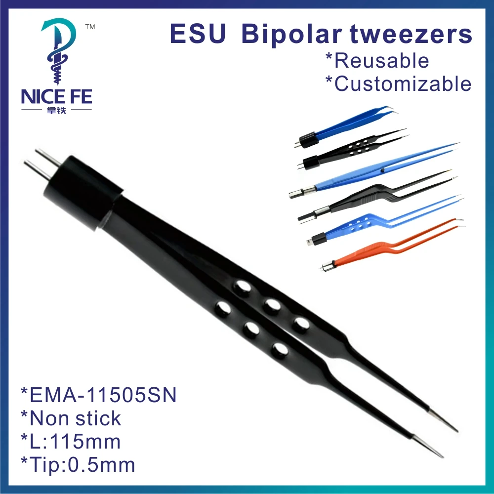 

AHA Bipolar tweezers Forceps Straight tip for Electrosurgical unit,Black nylon coated Non Stick L:11.5cm, tip 0.5mm