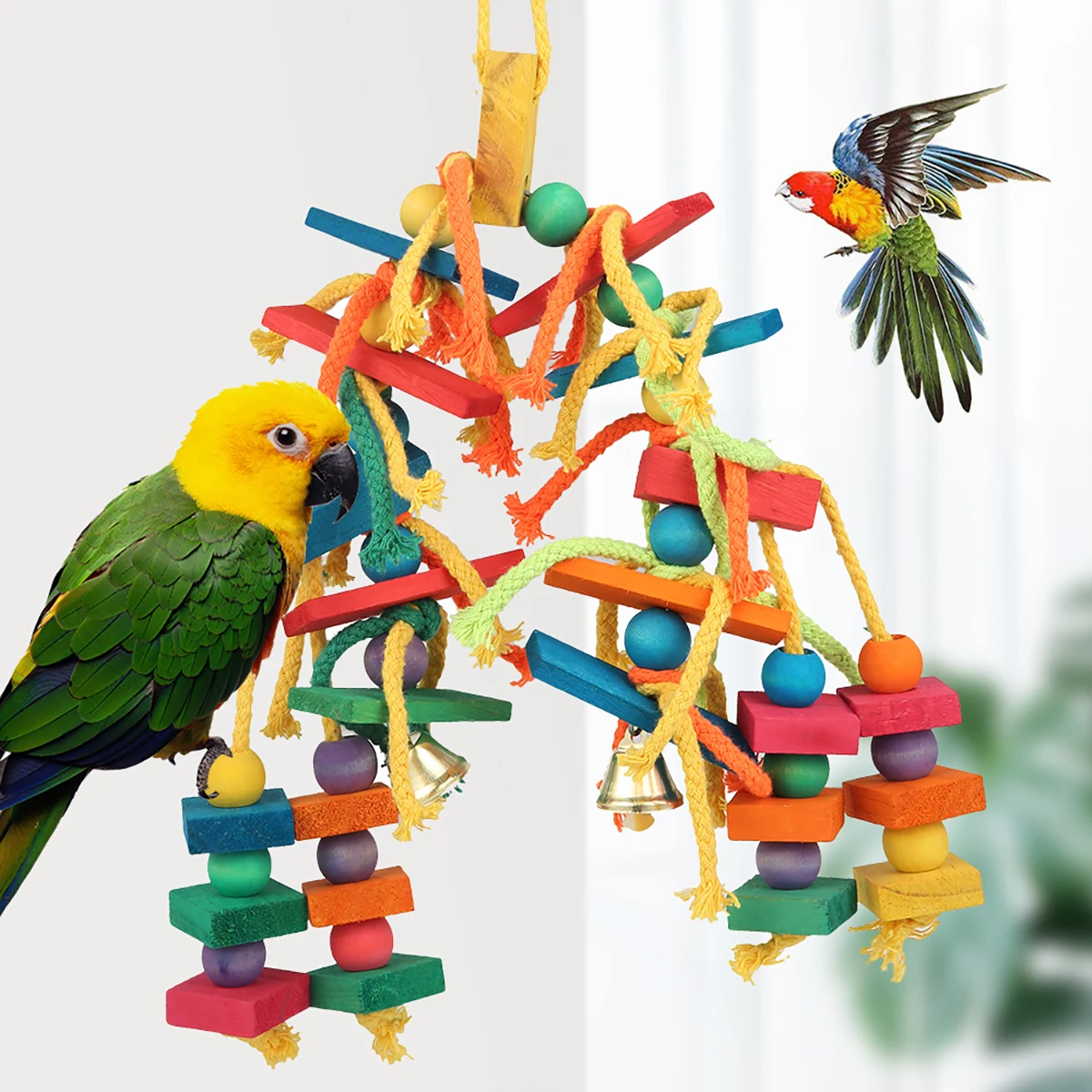 Safe Parrot Chew Toy with Hook Colorful Wooden Beads Ropes Natural Blocks Tearing Toys for Small Medium Birds Mini Macaw