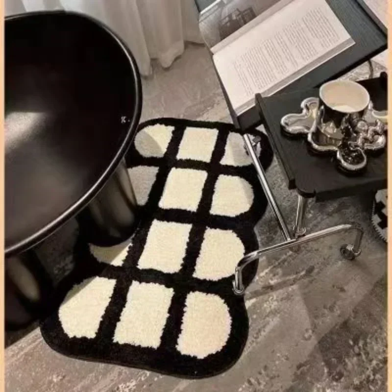 Retro Chessboard Plaid Bath Mats Fluffy Grids Soft Floral Carpet Bathroom Anti Slip Carpet Bedside Mats Ins Style Flocked Carpet