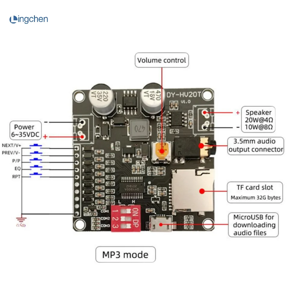 DY-HV20T/HV8F12V/24V power supply10W/20W Voice playback module supporting Micro SD card MP3 music player for Arduino