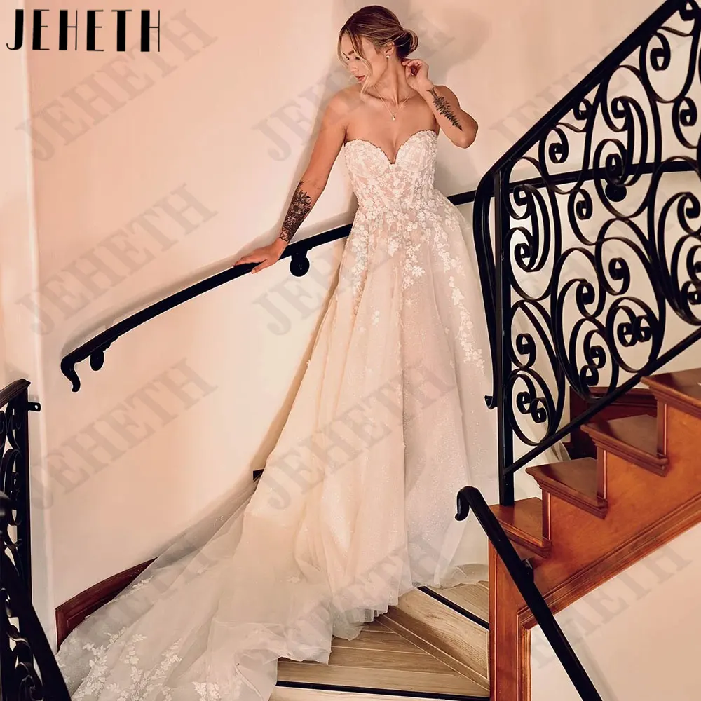 JEHETH Appliques abiti da sposa senza spalline senza maniche abiti da sposa senza schienale a-line bottoni posteriori in Tulle abiti para mujer 2024JEHETH Appliques abiti da sposa senza spalline senza maniche abiti da