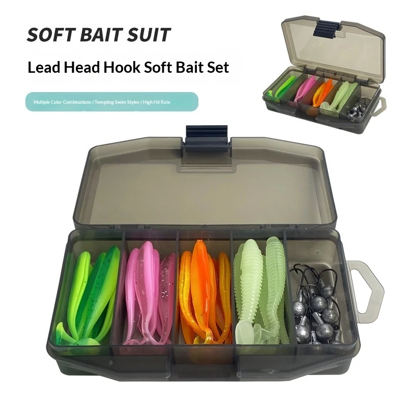Kit de 33 Señuelos de Pesca Suaves, Gusanos de Cola en T con Cabezas de Jig, Caja de Aparejos para Lubina, Lucioperca y Perca
