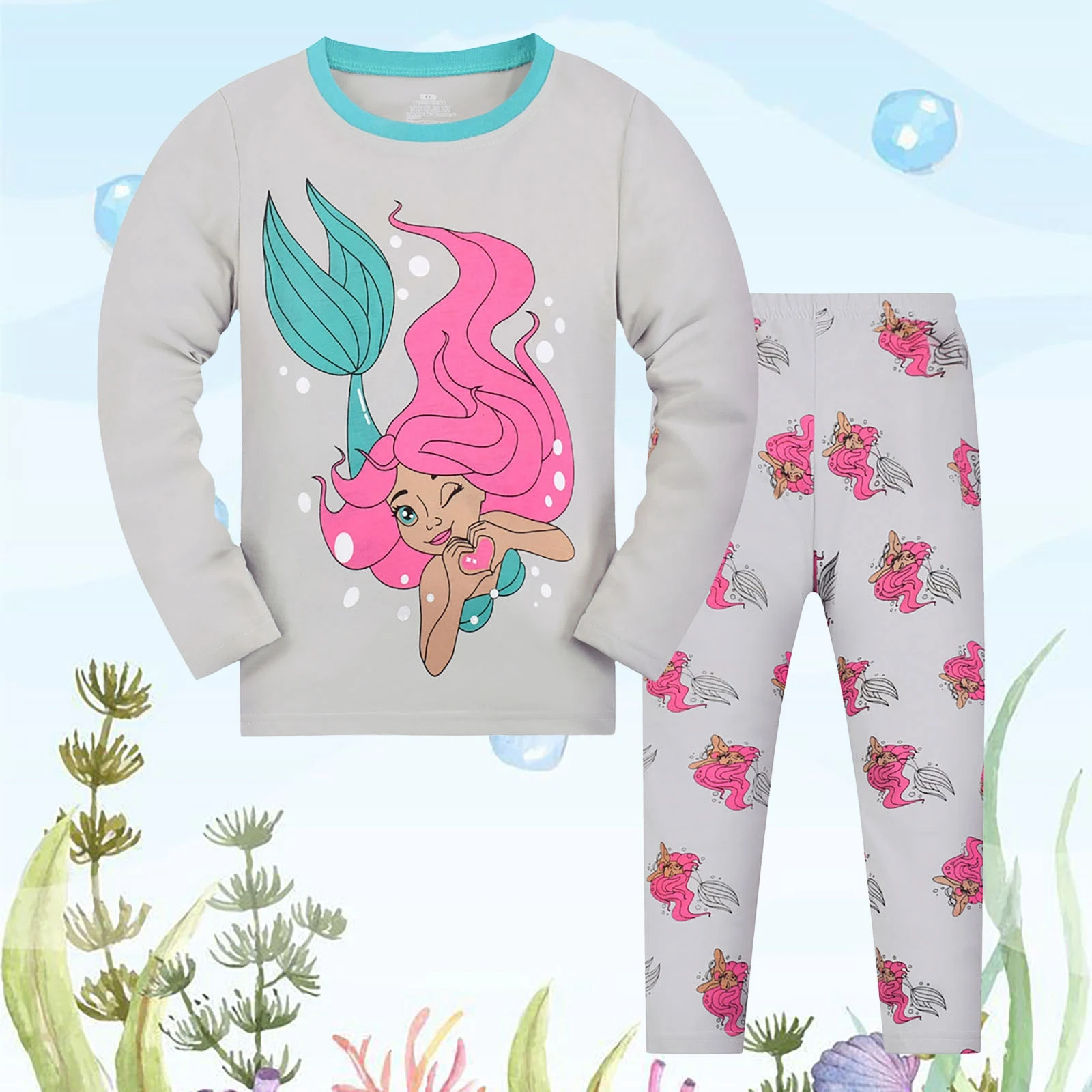 Kids & Toddler Boys Pajamas 2 Piece Pjs Set Sleepwear Styles Mermaid Pattern Print Sleepwear Long Sleeve Long Pants Pajama Set