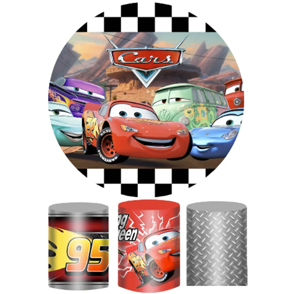 Lightning McQueen Cars Round Backdrop With 3 Cylinder Covers Background Photography Baby Shower Birthday Party Decoration Plinth