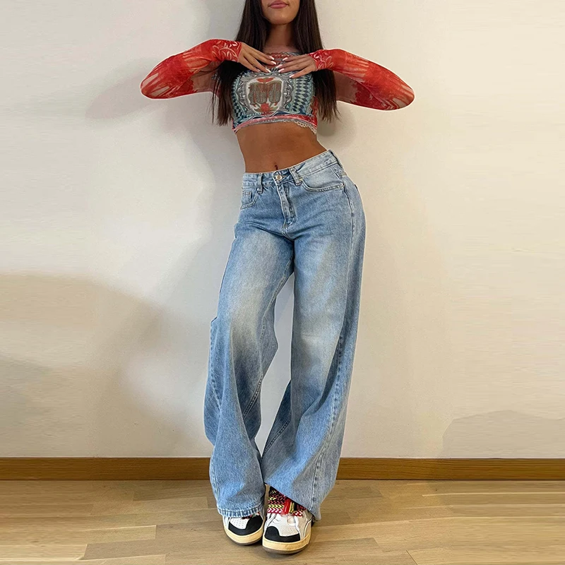 

Fall New Female High Waisted Straight Pants Summer Vintage Blue Button Pocket Denim Long Pants Casual Loose Women Wide Leg Pants