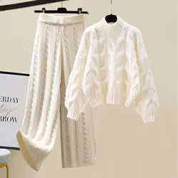 Fall Winter Warm Thicken Knitted 2 Pieces Set For Women Outfits Ladies Elegant Twist Pullover Sweater+wide Leg Knitting Pant Set