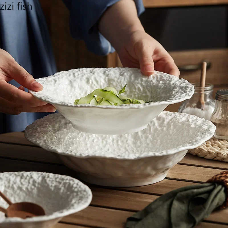 Irregular Stone Pattern Ceramic Bowl Restaurant Soup Bowl Salad Bowl Dessert Bowls Pasta Bowls Pure White Specialty Tableware