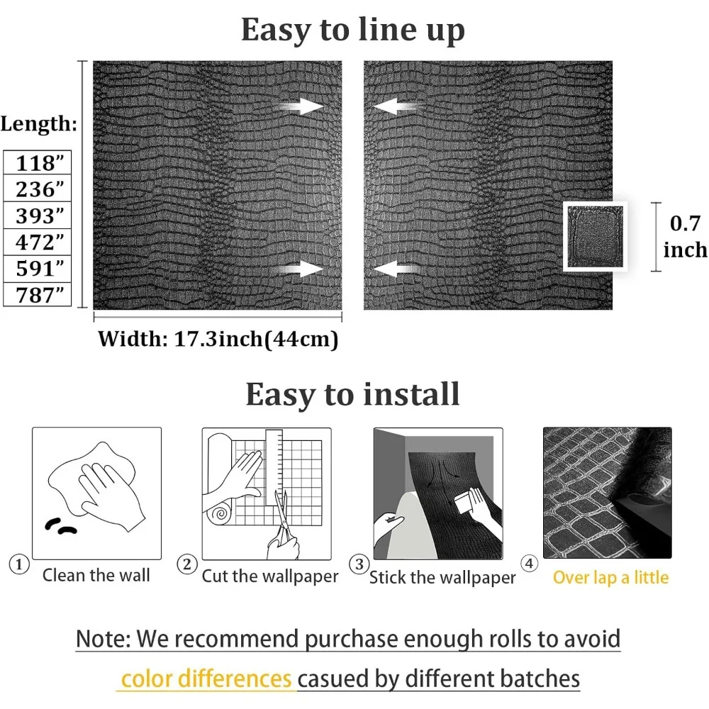 ورق جدران ذاتي اللصق بنمط تمساح للخزائن، ورق اتصال أسود حديث قابل للإزالة، بطول 630 بوصة × 17.3 بوصة