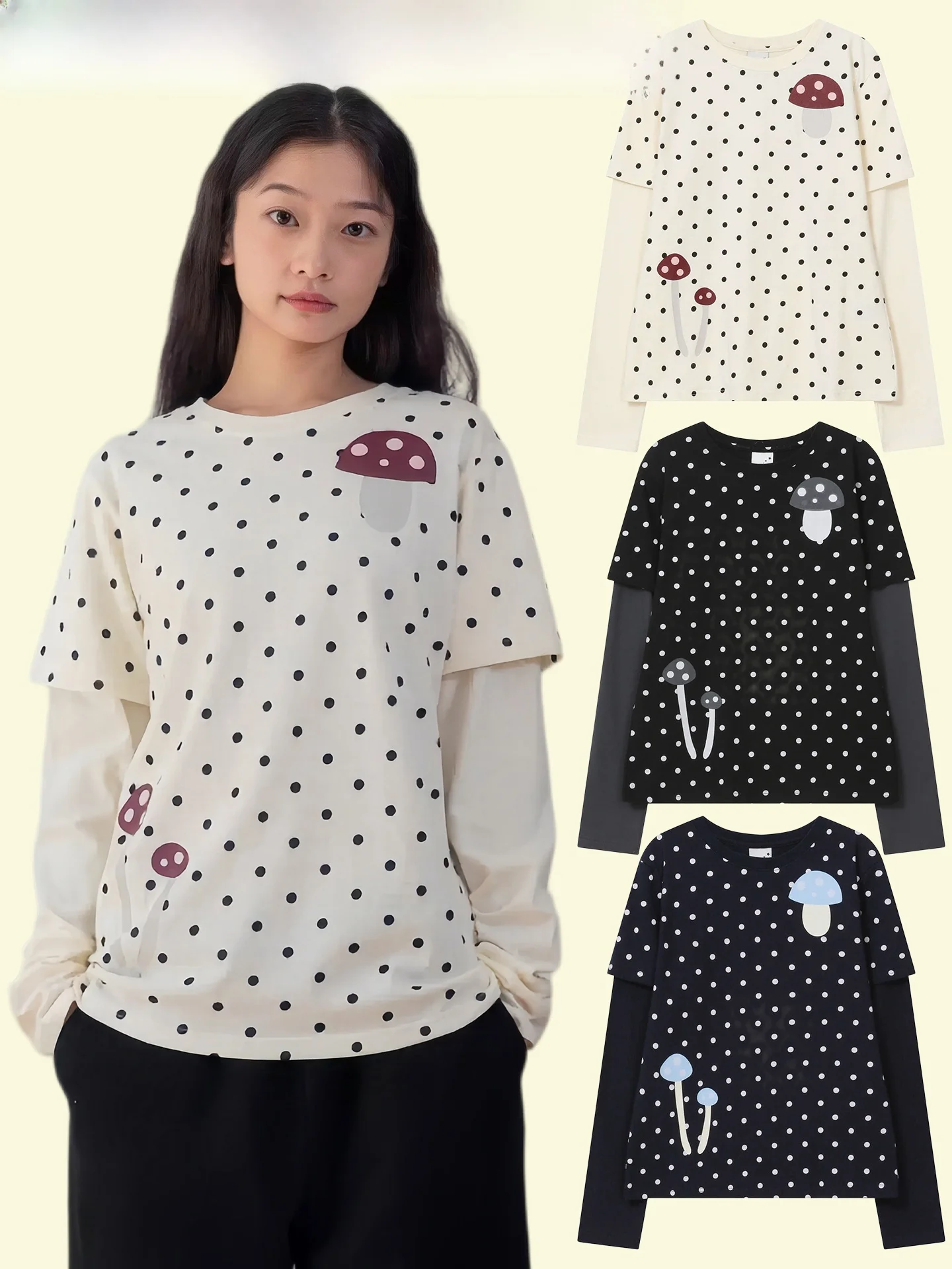 

Женская футболка с круглым вырезом и длинными рукавами с милым принтом в виде грибов, новый стиль, топ в горошек, дышащий хлопок, модная одежда на весну и лето