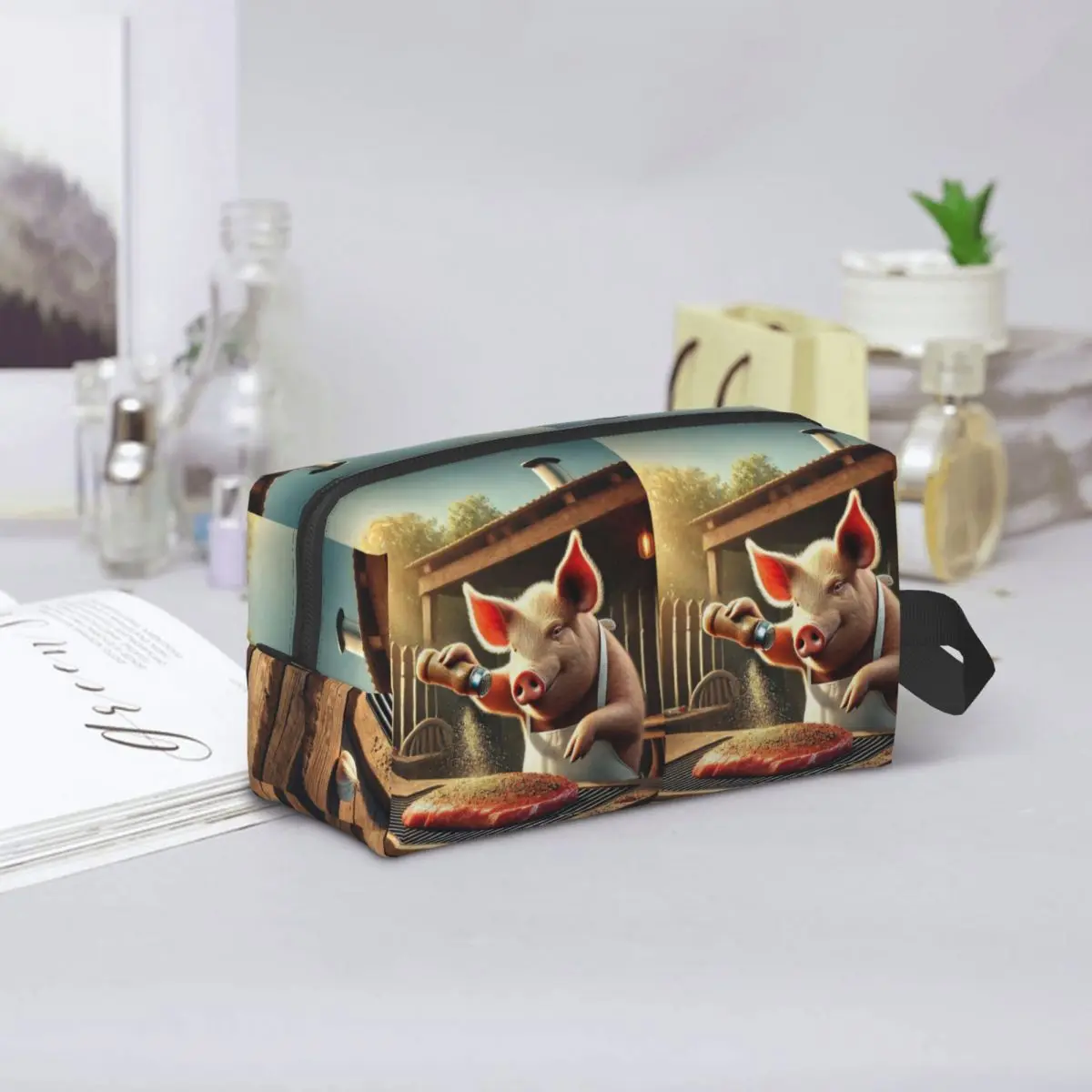 Cooking Pig Cartoon BBQ Scene Makeup Bag Cosmetic Organizer Storage Dopp Kit Toiletry Cosmetic Bag for Women Beauty Travel