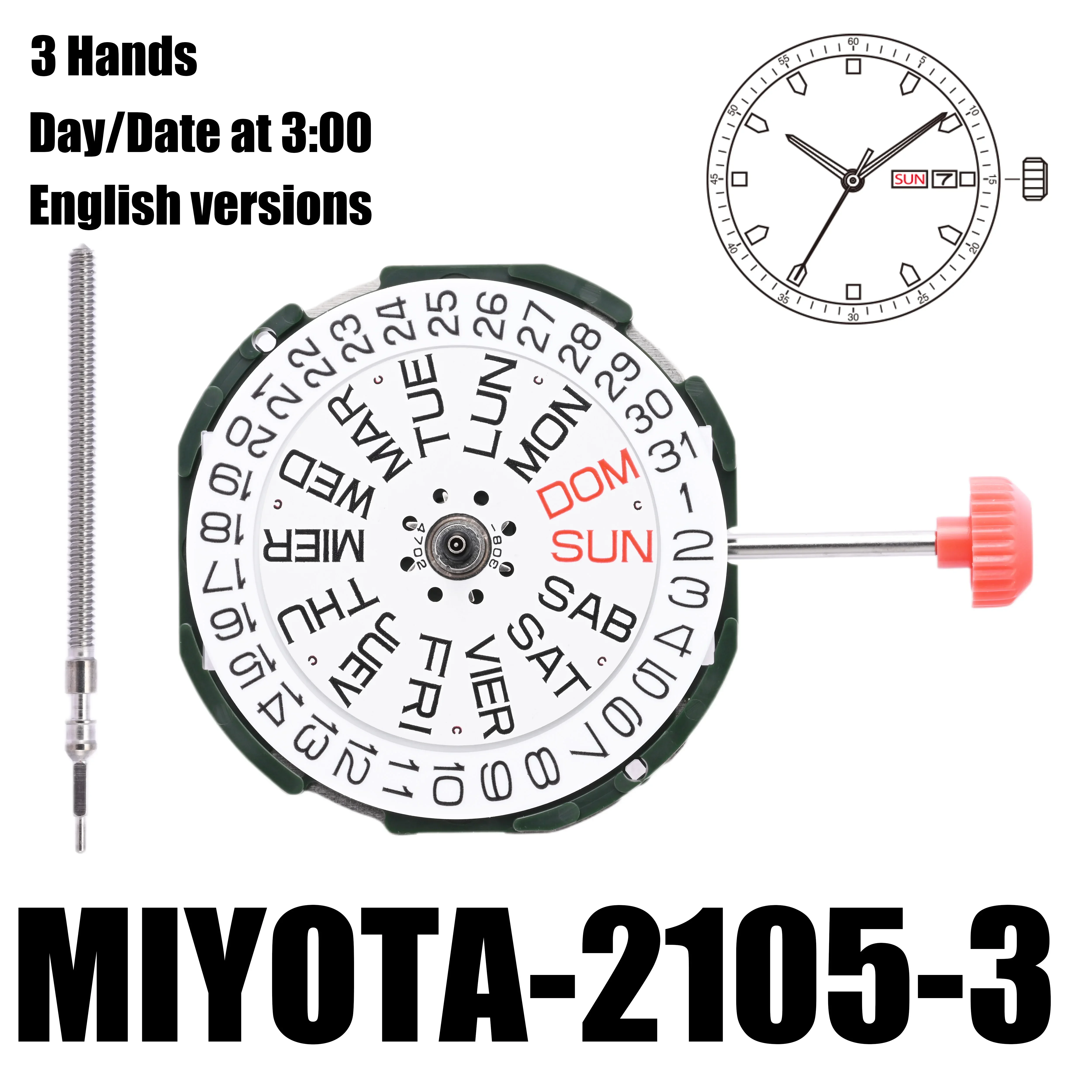 2105 Movement Miyota 2105 Movement 2105-3 English Versions 3 Hands Day/Date At 3:00.Size:10 1/2''' Heigh:4.15mm