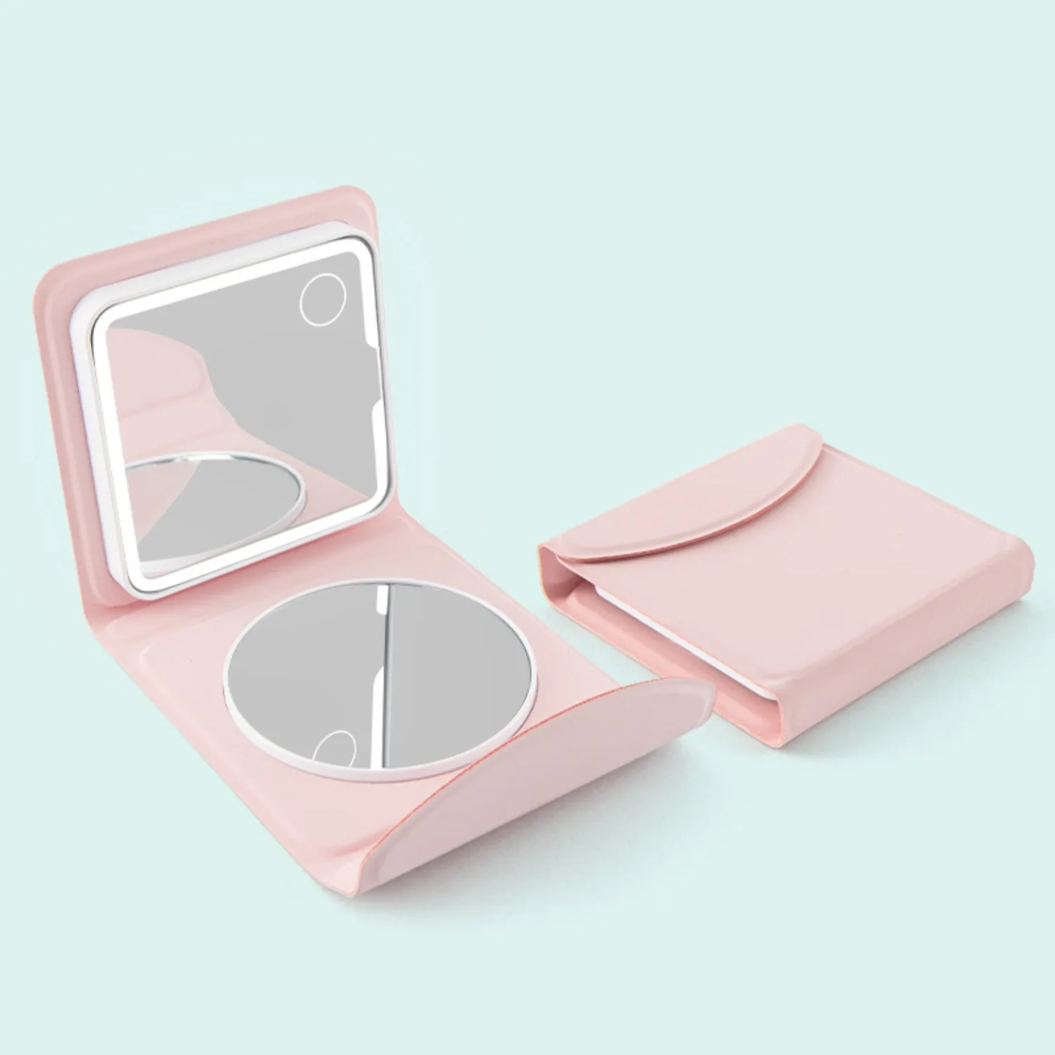 Travel-Friendly 2-Way Foldable Makeup Mirror - 5X/Plain Mirror, Touch LED Dimming, Rechargeable PU Waterproof Portable Vanity Mi