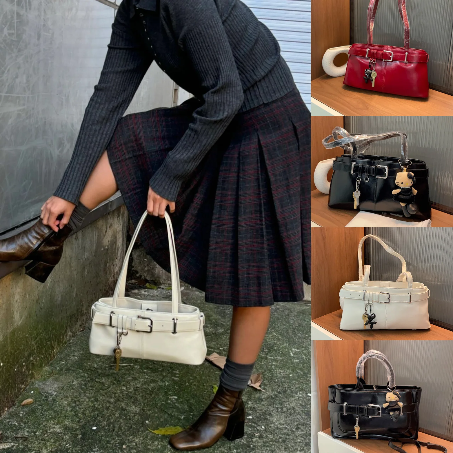 

Korean Niche Design Women's Genuine Leather Underarm Bag Retro Belt Lock Large Capacity Crossbody Shoulder Handbag Cowhide Purse