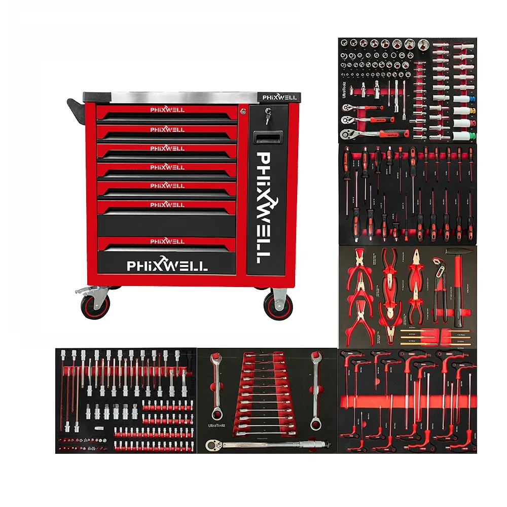 Lemari Alat Troli Alat Rol 7 Laci Besi Logam Tugas Berat dengan Alat Perbaikan Mekanik