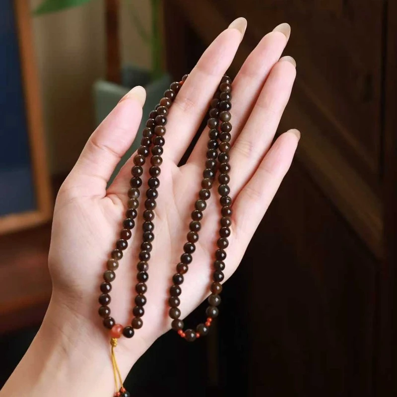 Natural Hotan Jade from Qemuo, old material with full sugar color, 108 multi-loop bead necklace women