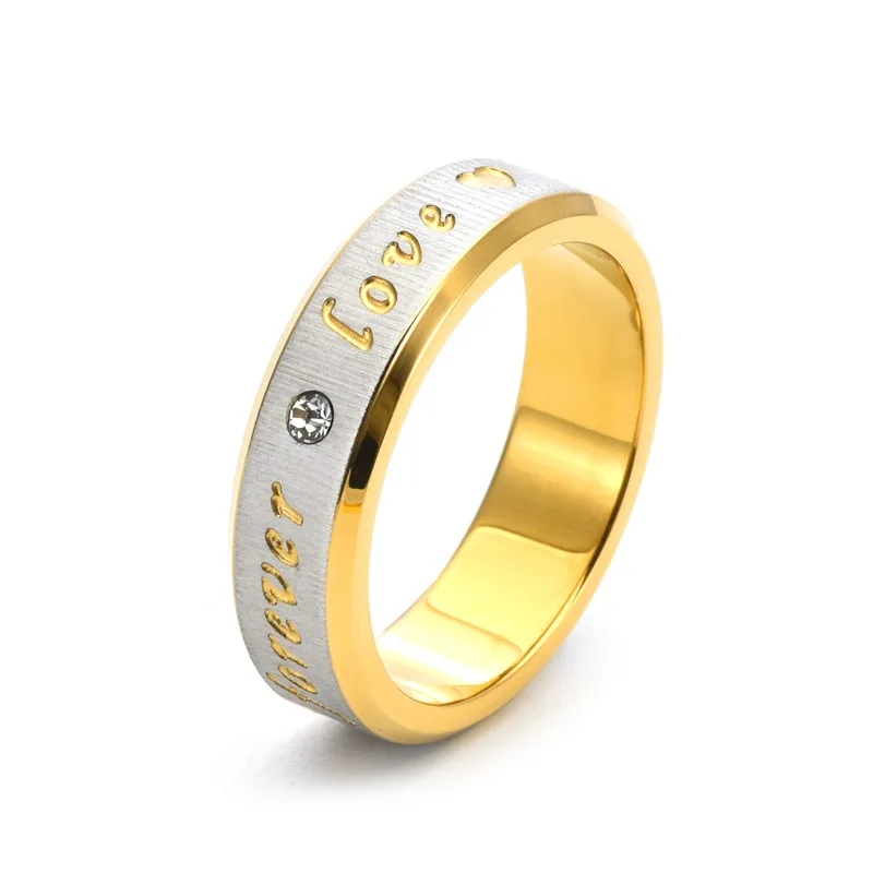 Stainless Steel Fashion Gold Plated Color Sanding 4mm 6 mm Pair Ring Non-Fading Letter Men's Diamond Ring