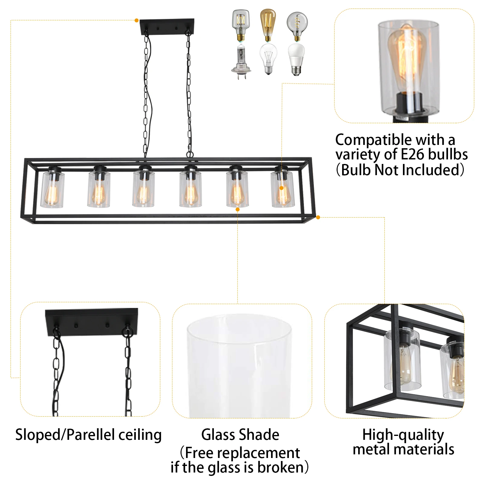 Lustres retangulares pretos com sombra de vidro, Iluminação para sala de jantar, Cozinha Ilha Pendurada Lâmpadas Pingentes, 6 Gaiola Leve