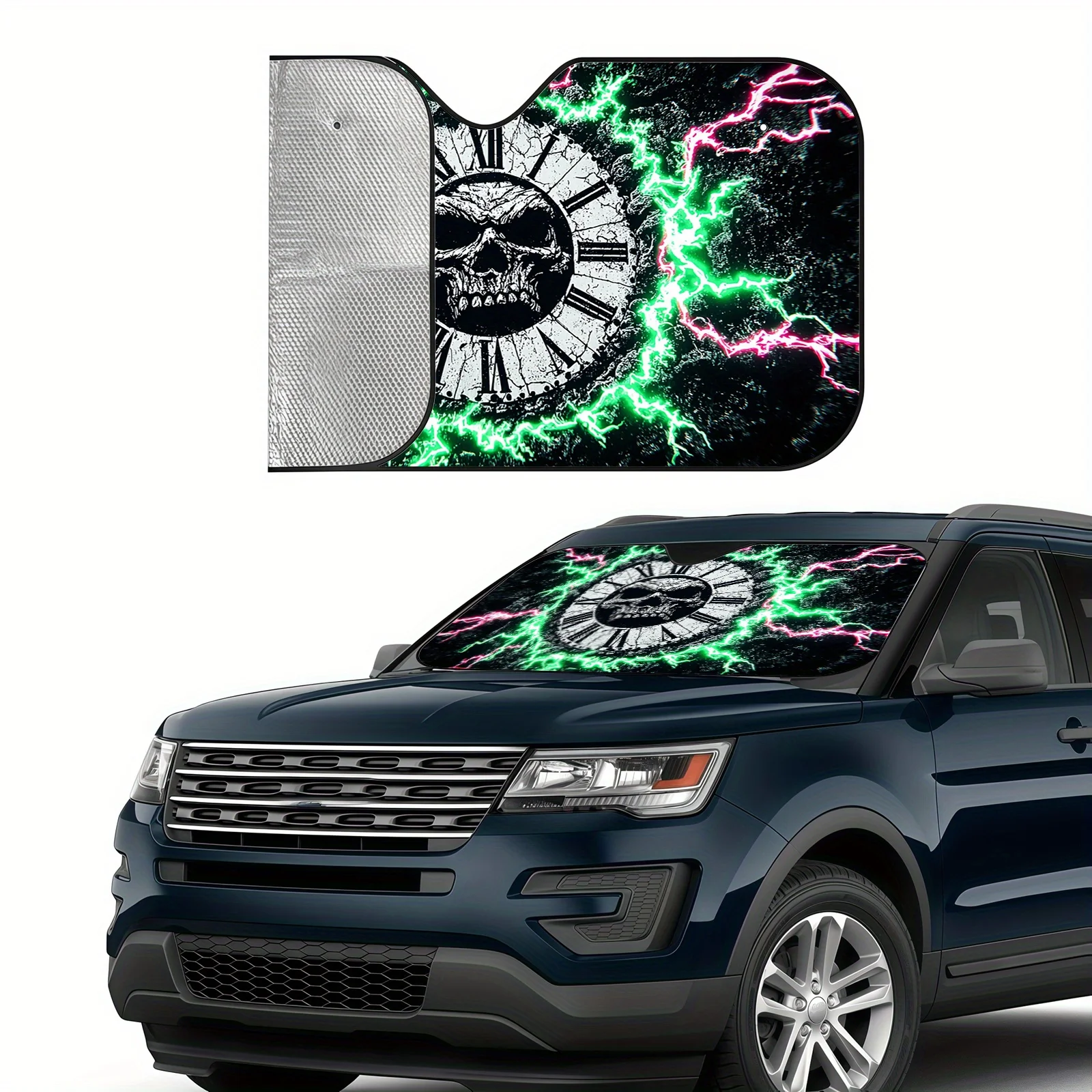 The Clock Skull-Themed Car Sunshade Features A Lightning Surround Digital Pattern Design And Comes With Auxiliary Clips To Effec