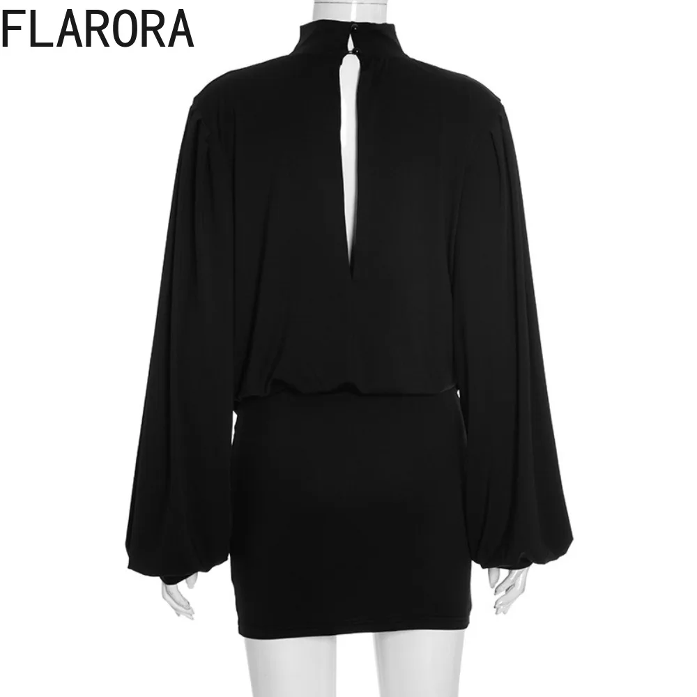 FLARORA Sexy Deep V-Neck Two Piece Sets Women Swing Collar Long Sleeve Ruched Tops And Peach Hip Skirts Elegant Party Clubwear