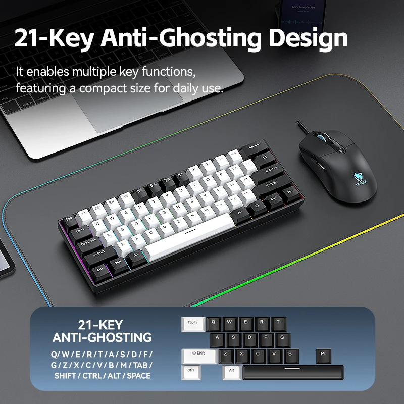 T-WOLF TF630 Mechanical Gaming Keyboard and Mouse Combo 61 Keys Red Switch RGB Backlit 7200 DPI USB Wired Ergonomic PC Gamer