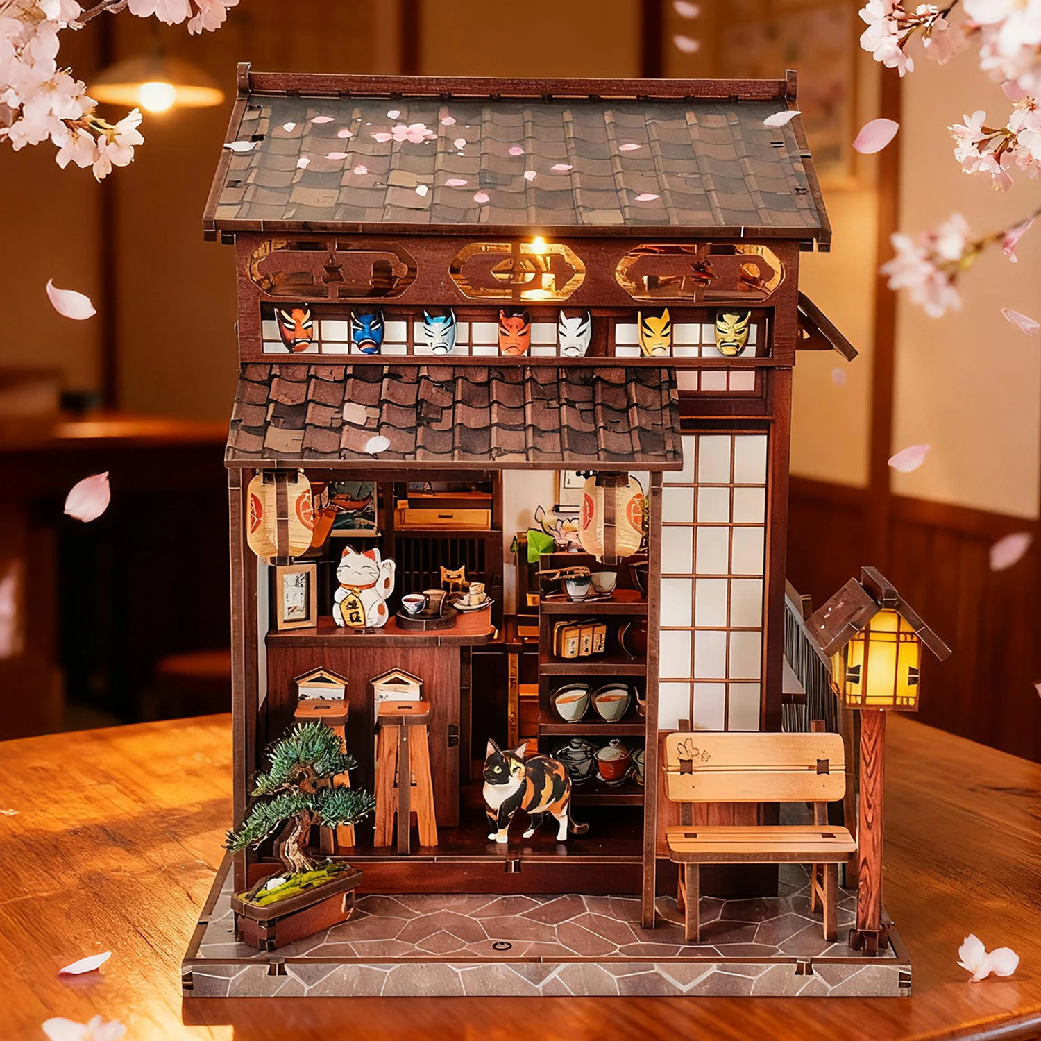 Kit modello in miniatura in legno fai-da-te Cherry Blossom Tea Pavilion Store Case di bambole puzzle 3D con mobili per amici Regali di compleanno