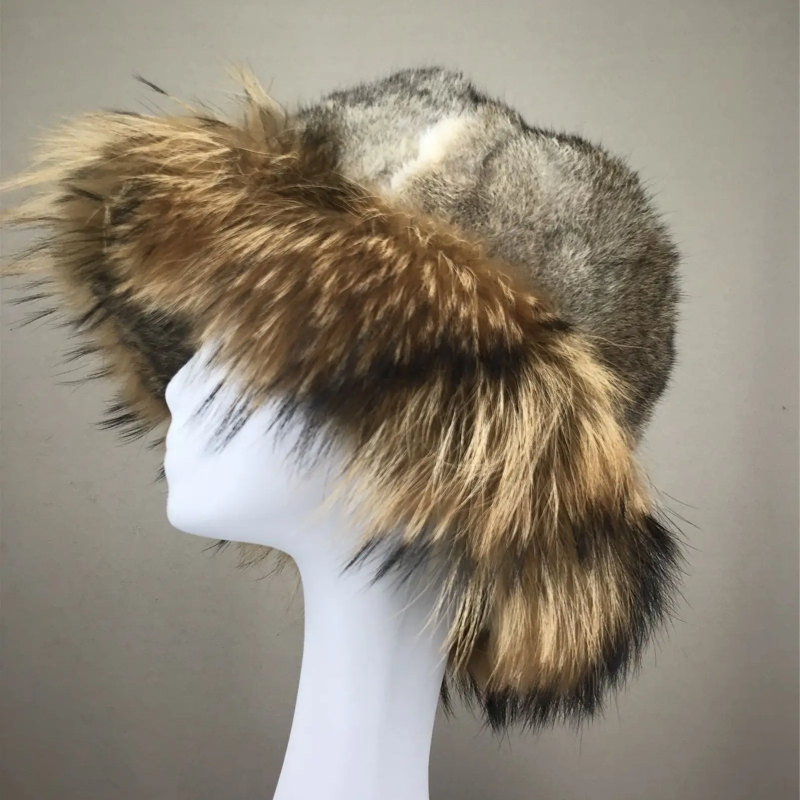 Natural Rabbit Fur Bucket Hat, Raccoon Fur, Furry, Warm, Brown, Black Color, Luxurious, Winter, B230806