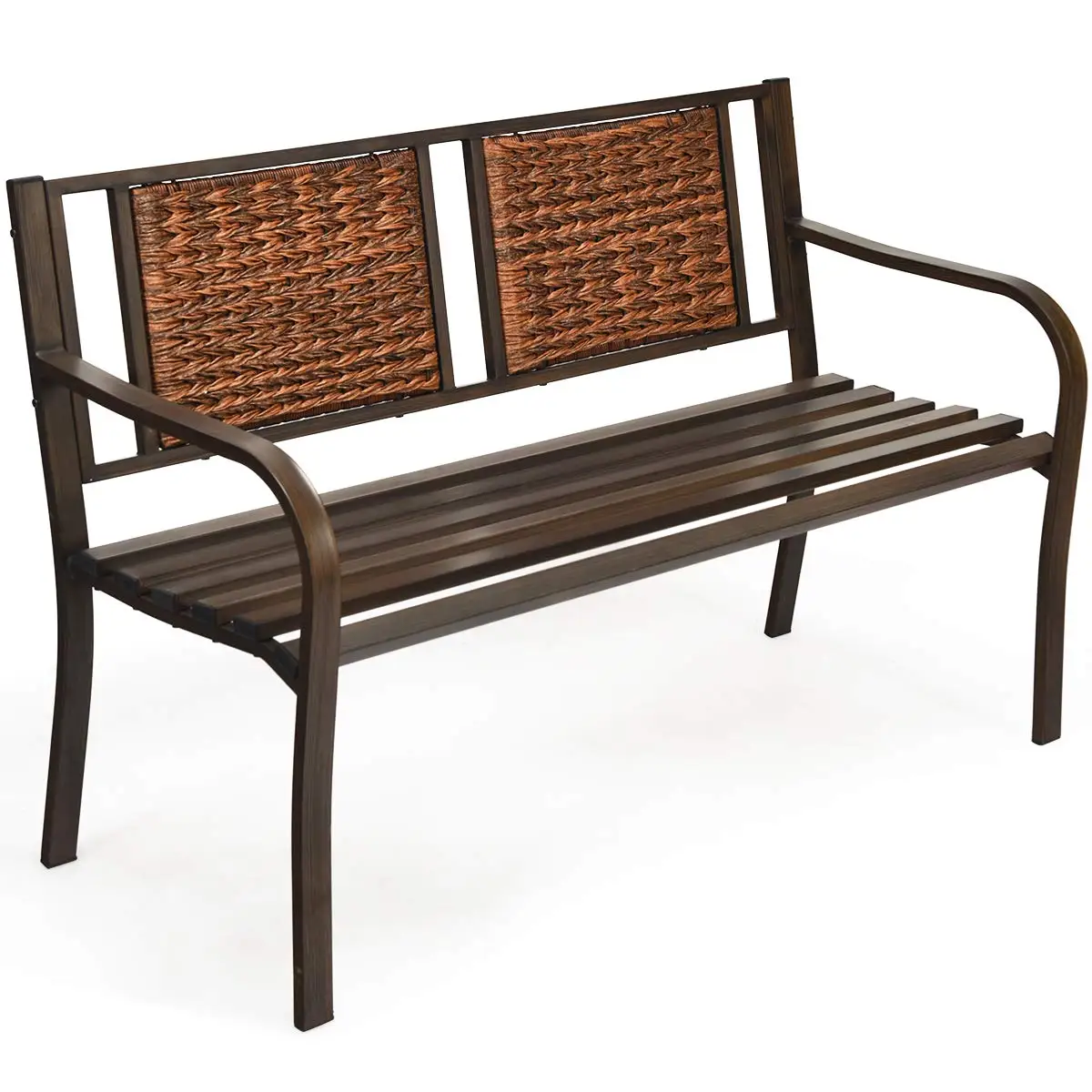Outdoor Garden Bench, Metal Porch Bench Seat with Slated Seat & Decorative Backrest, 2-Person Loveseat for Patio