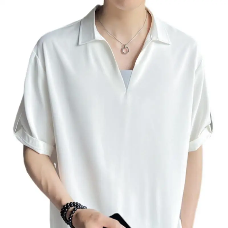 Summer men's ice silk drape fake two piece V-neck versatile trendy casual loose half sleeved color blocked plus size T-shirt set