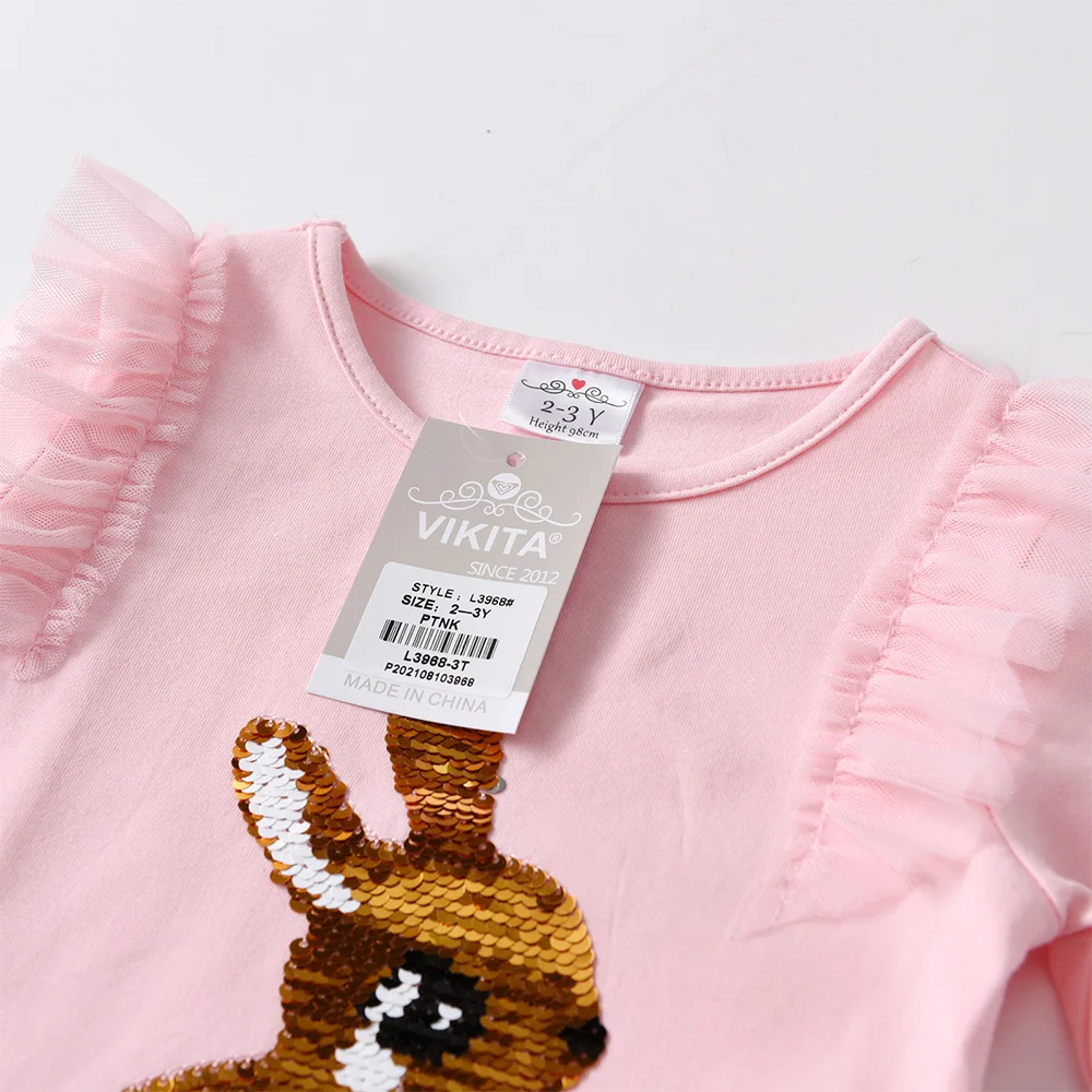 VIKITA Kids Long Sleeve T Shirt Kids Rabbit Sequined Appliqued Cartoon Pink T Shirts Girls Cotton Casual Tops and Tees Wear