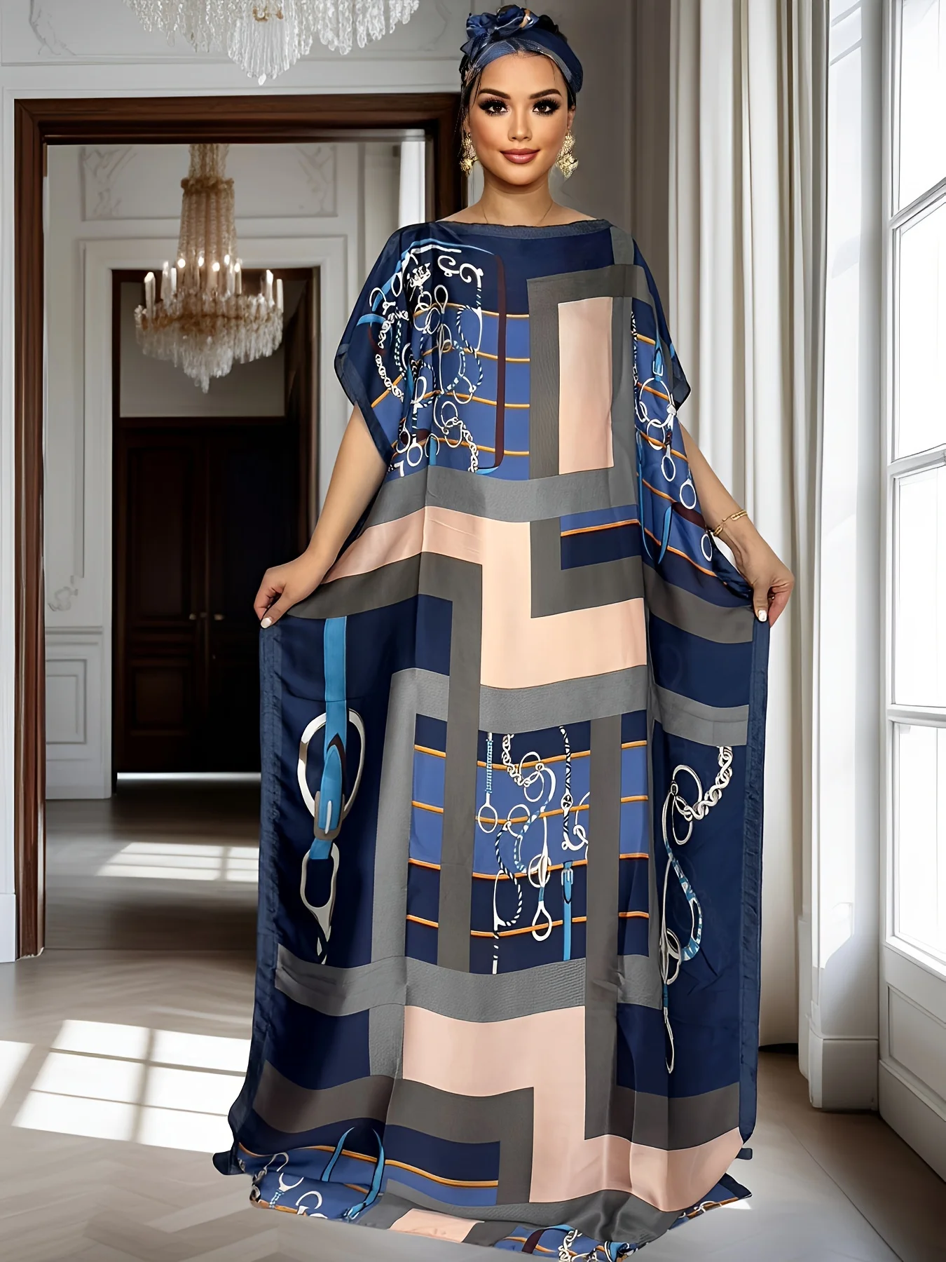 Robe de soirée à géométrie florale pour femmes, Style Vintage, Maxi, manches chauve-souris, longueur au sol, robe de soirée pour femmes