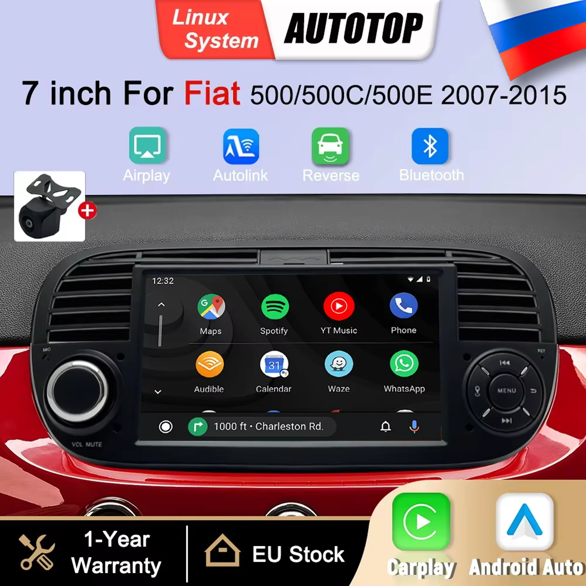 Tela Multimídia de 7 Polegadas com Linux para Fiat 500 500C 500E Abarth 2007-2015, CarPlay Sem Fio, Android Auto, Bluetooth, GPS, Navi, DSP e Rádio