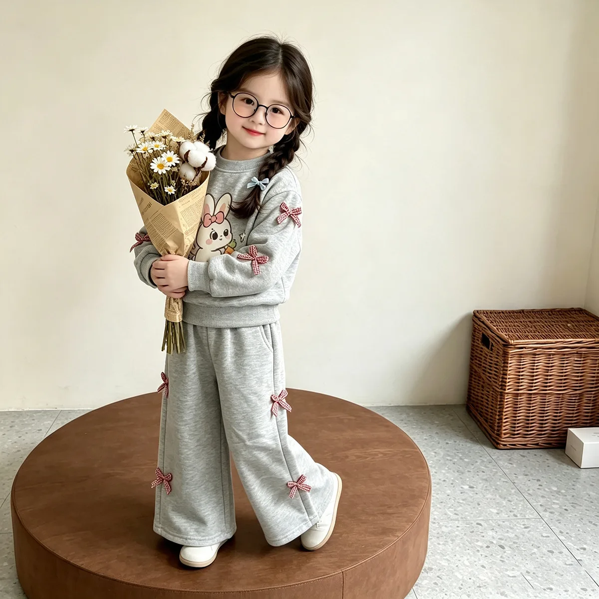 Mädchen Cartoon-Häschen-Sweatshirt & Weitbein-Hosen-Set – 2-teiliges Outfit im koreanischen Stil für ältere Kinder, Frühling Herbst Casual – Detail 5