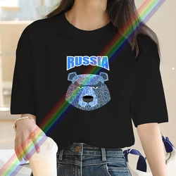 Luksusowa marka moda rosja głowa niedźwiedzia z nadrukiem wycięcie pod szyją odzież z krótkim rękawem T-Shirt Trend damski letni top Y2K