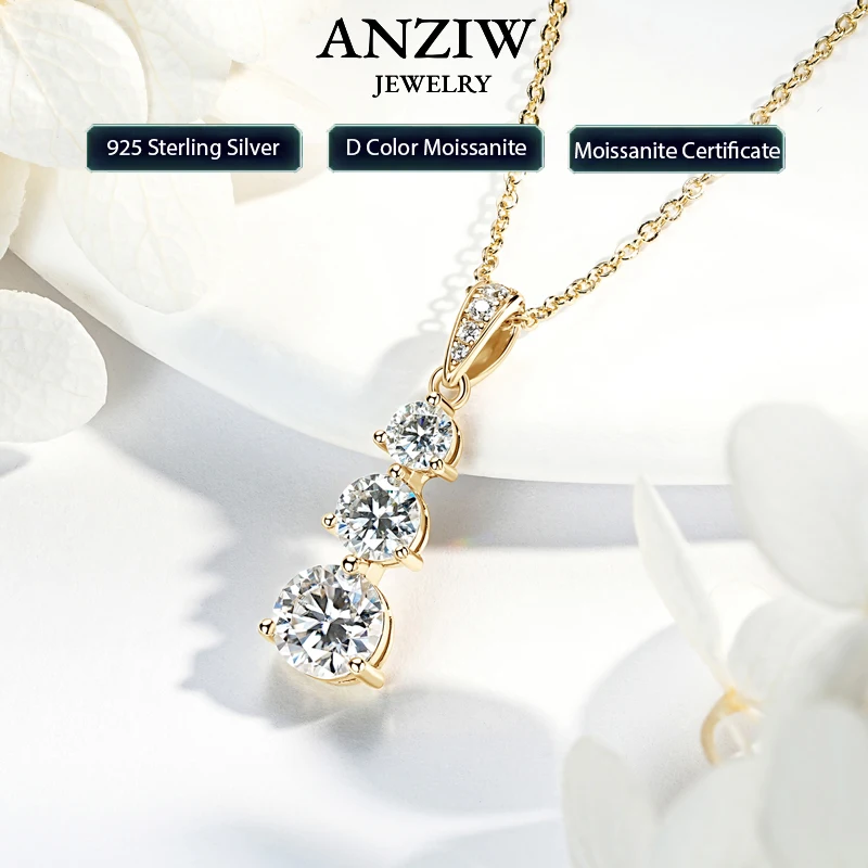 

Real Certified Gradual Three Stone Moissanite Pendant Necklace 100% 925 Silver for Women Luxury Wedding Anniversary Jewelry Gift
