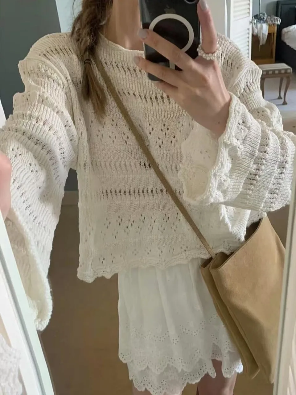 

Ele Hollow out ort Sve Knitted Sweater Women's Faionable Versatile ort Cover up Korean Sle Outerwear Top