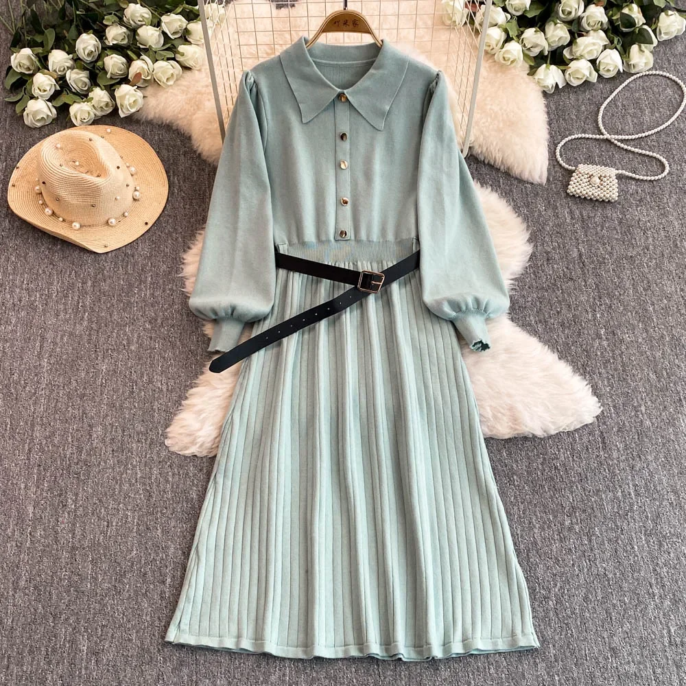 French Elegant Lapel Lantern Long Sleeve Single Breasted Knit A-line Dress Slim Fashion Sweater Women Autumn Winter Clothing