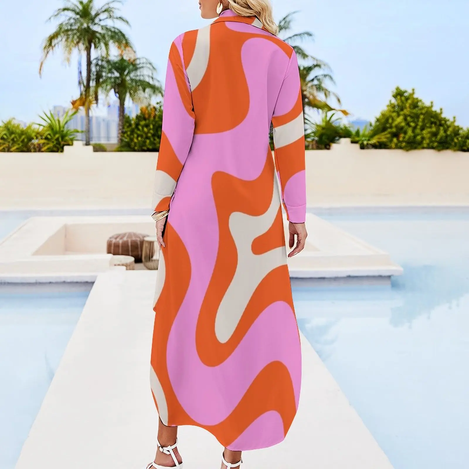 Retro Liquid Swirl Abstract Pattern Hot Pink Bright Orange Cream Long Sleeved Shirt Dress summer dress womens 2024 Clothing