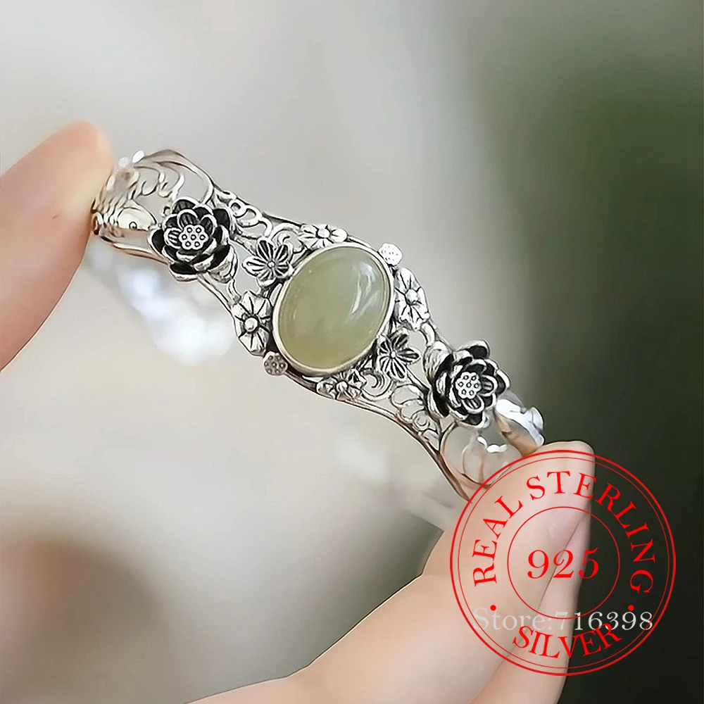 925 Sterling Silber Schmuck Vintage Hohlgeschnitztes Lotus-Karpfen-Armreif-Armband für Frauen Hochzeit Party Schmuck als Geschenk für Freunde