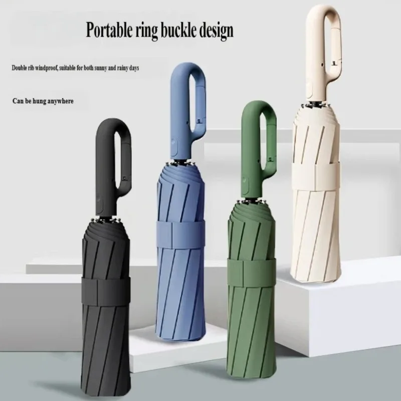 Large Automatic Ring Buckle Folding Umbrella Black Glue Windproof Business Custom  Sun & Rain Dual-Use