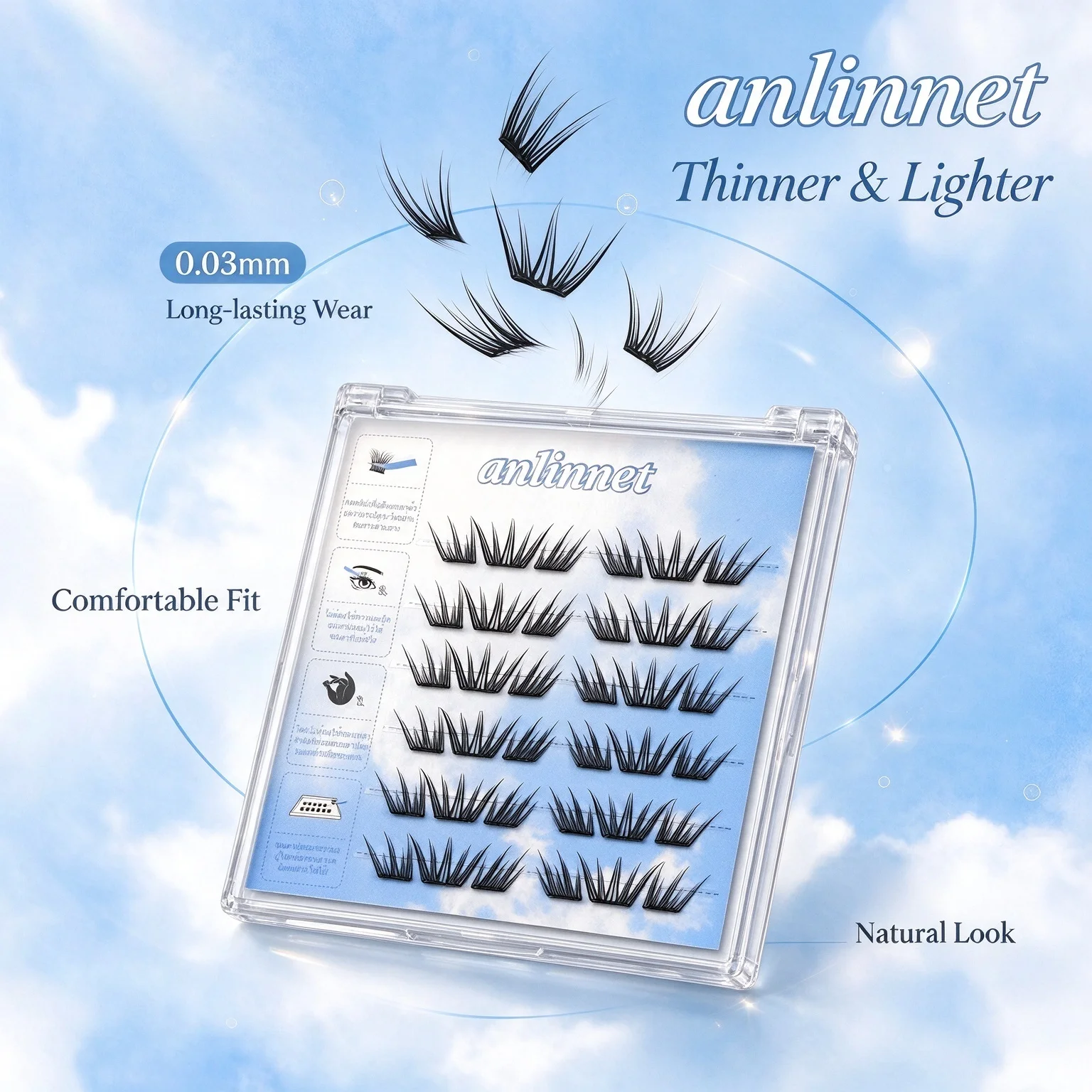Soft Flowing Lash Strands, Natural Thai Makeup Look, 6 Rows Glue-Free Cluster Lashes, Delicate Airy Eye Contour