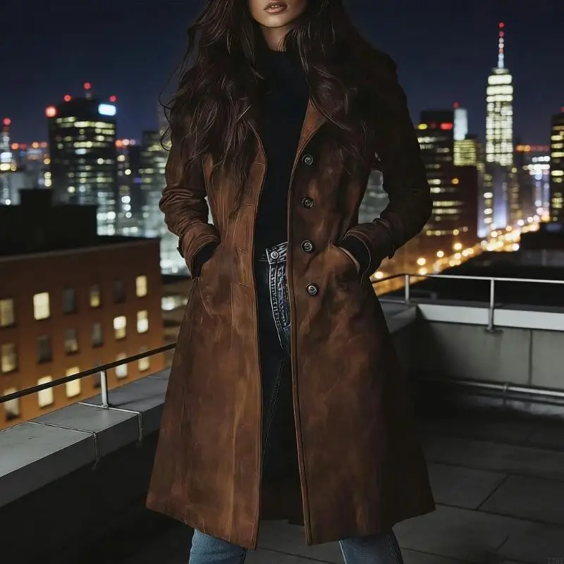 

77HE Women's Long Faux Suedes Single Breasted Elegant Notched Lapel Collar Peacoat Outerwear for Autumn