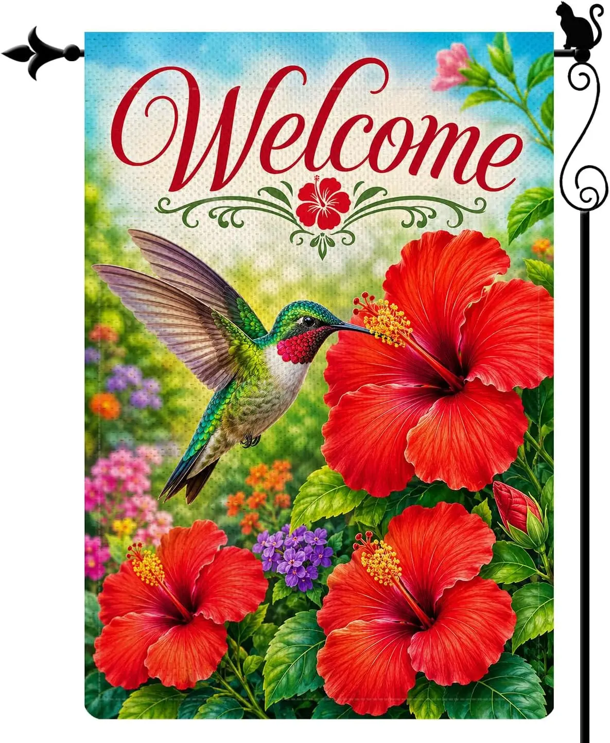 Welcome Hummingbird Hibiscus Garden Flag, Double Sided 12 x 18 Inch Burlap Outdoor Yard Flag for Porch Patio Lawn Decor llp