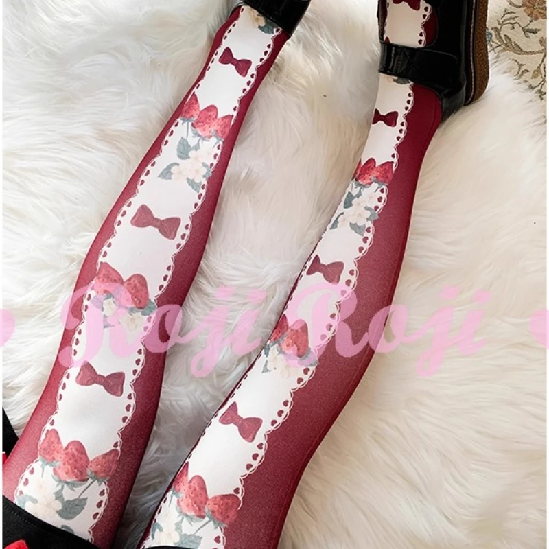 Strawberry Bow Lolita Socks Ladies Spring Summer 120D Velvet Printed Pantyhose Y2k Sweet Hosiery Japanese Rojita Style Tights