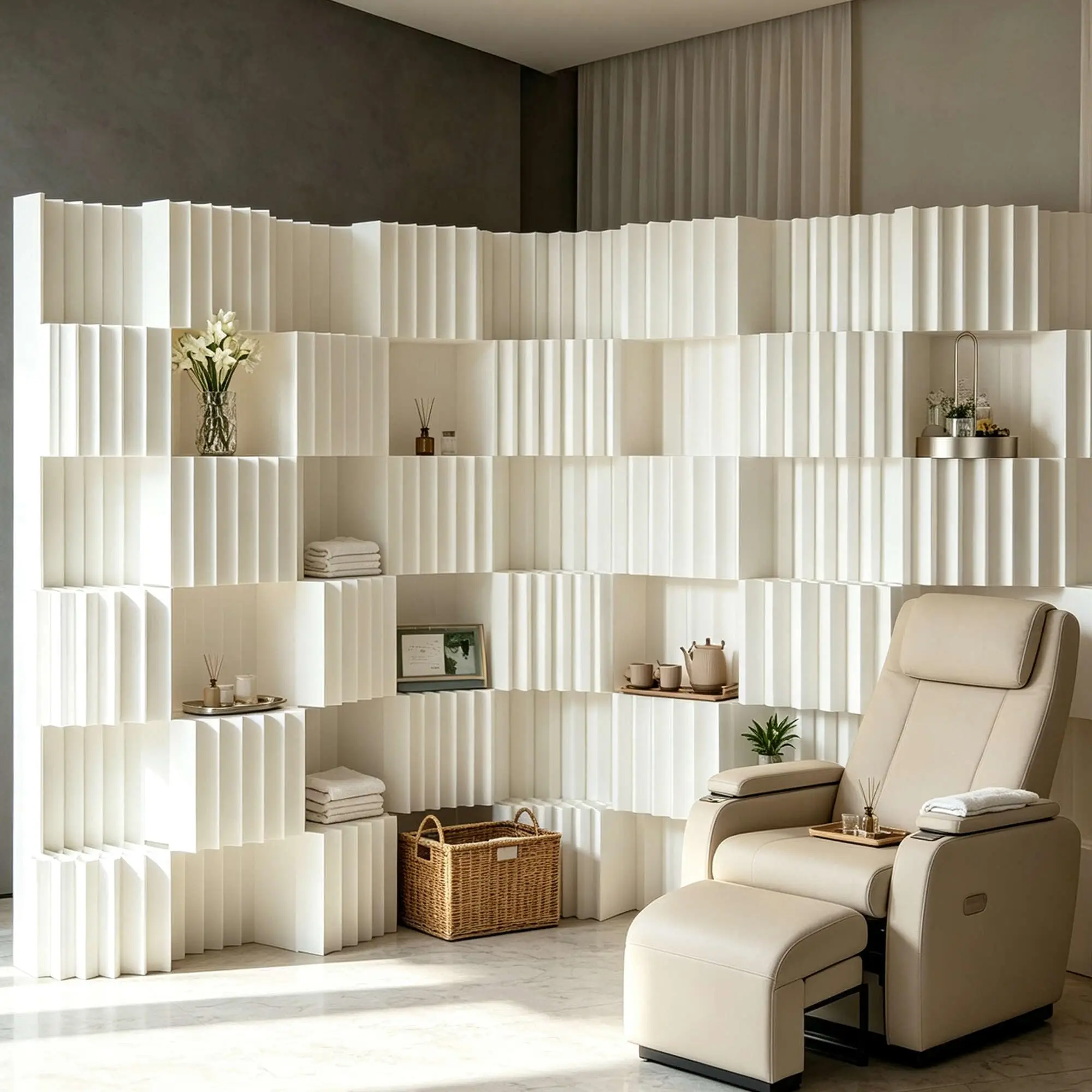 Paper Room Divider with Shelves, Retractable Wall Divider, Accordion Room Partition, Folding Decorative Privacy Screen