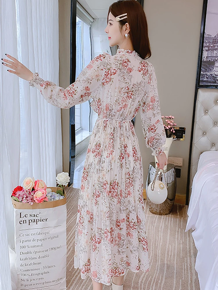 Vestido elegante de gasa Floral de manga larga con volantes para mujer, vestido largo ajustado elegante de otoño, vestido de fiesta de lujo elegante de moda coreana 2025