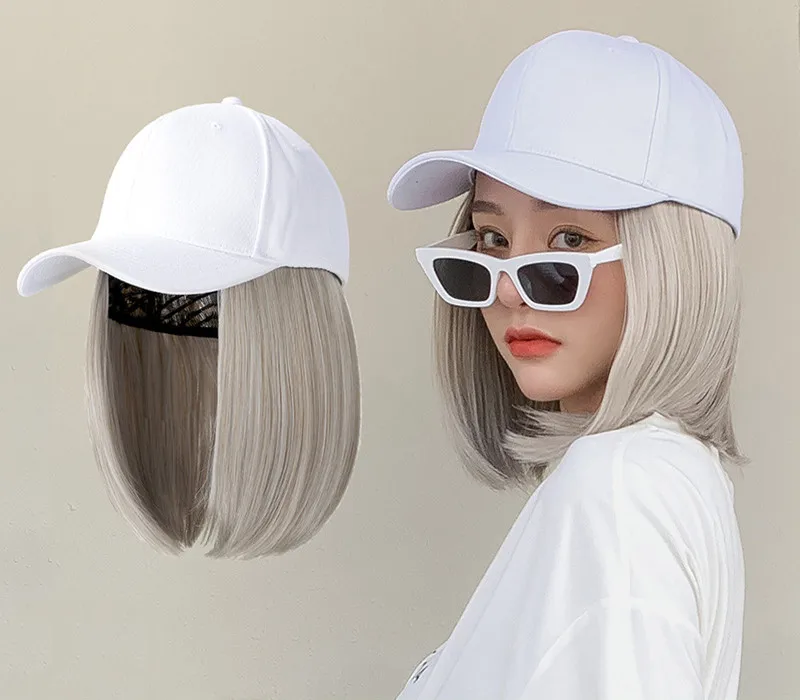 Hair Extensions Fashion Detachable Wig Hat Set Short Straight Bobo Synthetic Wigs Baseball Bucket Cap For Women