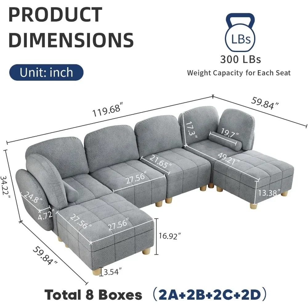 

Sectional Sofa, Convertible U Shaped Sectional Sofa for Living Room 6 Seater Couch in Cozy Removable Covered Teddy Velvet Couch