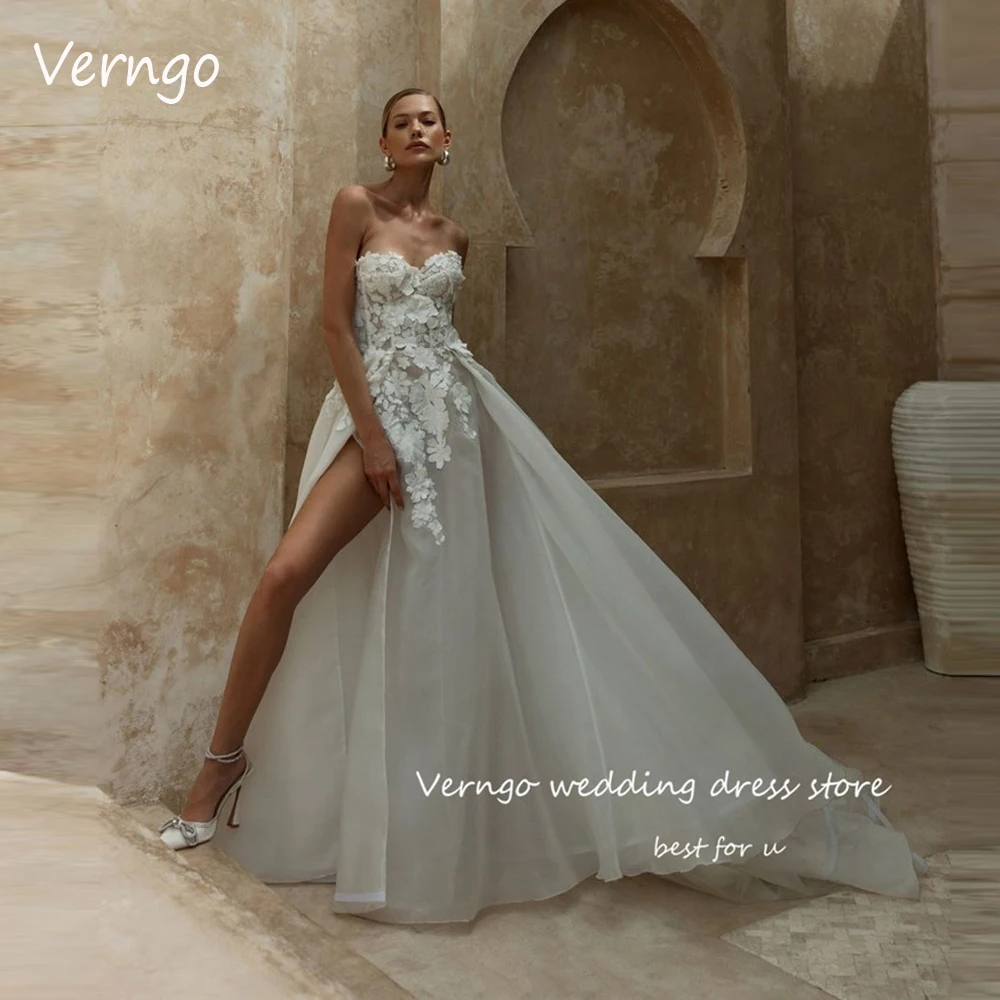 

Verngo 2023 New Boho A Line Wedding Dresses 3D Flowers Applique Lace Sweetheart Organza Split Bridal Gowns Vestidos de noiva