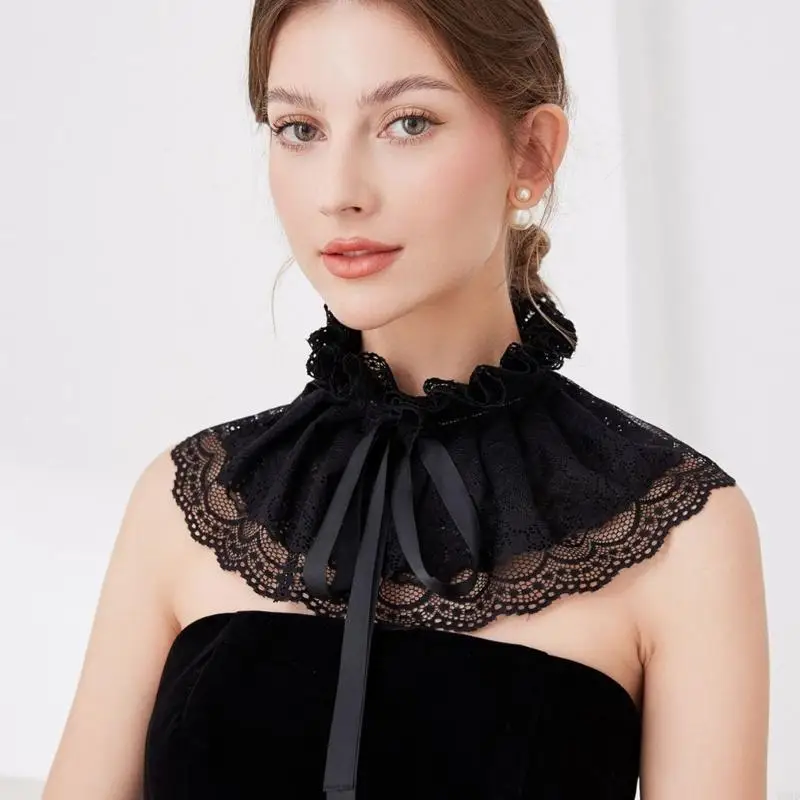 49MD Victorian Ruffled Lace Black False Collar with Ribbon Ties Vintage Elegant Pleated Neck Ruff Detachable Shawl Capelet