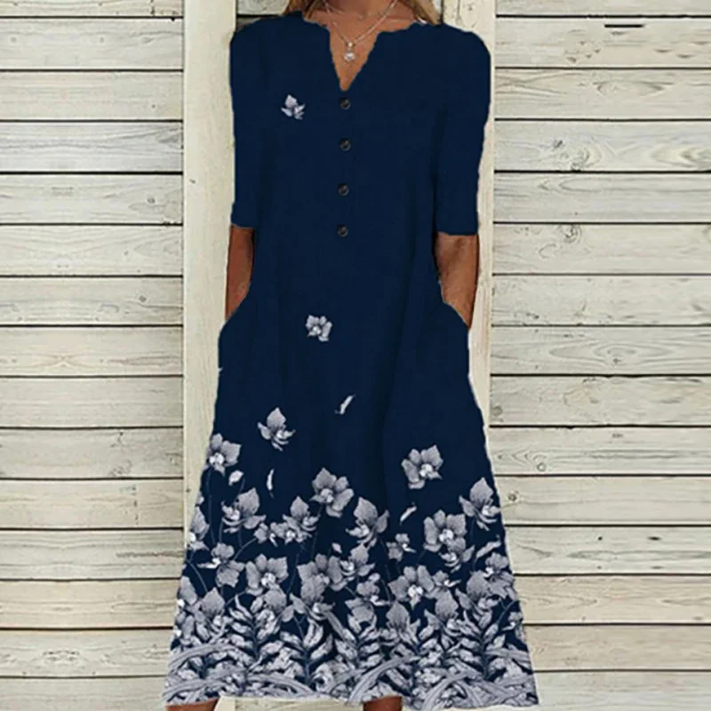 Sommer Maxi Kleid Frauen Vintage Gedruckt Sommerkleid Beiläufige Lose Kurzarm V-ausschnitt Vestidos Strand Urlaub Robe Langes Kleid Boho
